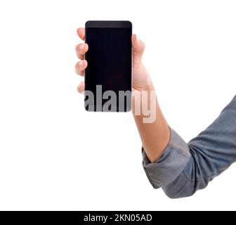 This smartphone is simple and effective. a womans hand holding a smartphone. Stock Photo