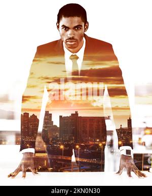 Lets get down to the brass tax. Multiple exposure portrait of a young businessman superimposed over a city. Stock Photo