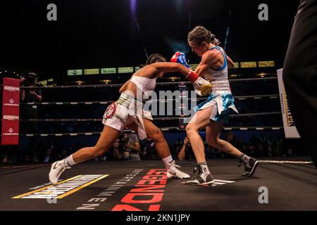 Carson, CA, USA. 26th Nov, 2022. WBO and IBF womenÃs minimum weight world champion Yokasta Valle of Costa Rica (27-2 9 KOs) in action against ArgentinaÃs Evelyn Bermudez (17-1-1). Valle moved up in weight and beat Bermudez by unanimous decision taking her WBO and IBF junior flyweight championship belts. (Credit Image: © Adam DelGiudice/ZUMA Press Wire) Credit: ZUMA Press, Inc./Alamy Live News Stock Photo