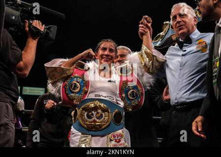 Carson, CA, USA. 26th Nov, 2022. WBO and IBF womenÃs minimum weight world champion Yokasta Valle of Costa Rica (27-2 9 KOs) in action against ArgentinaÃs Evelyn Bermudez (17-1-1). Valle moved up in weight and beat Bermudez by unanimous decision taking her WBO and IBF junior flyweight championship belts. (Credit Image: © Adam DelGiudice/ZUMA Press Wire) Credit: ZUMA Press, Inc./Alamy Live News Stock Photo