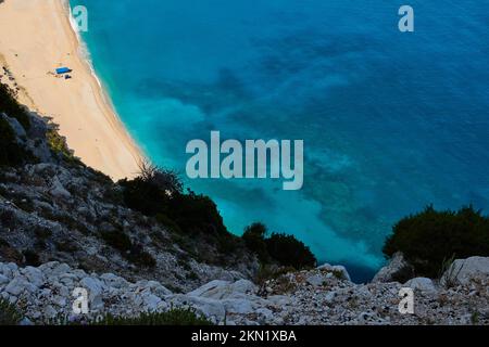 Myrtos Beach, view from above, white sandy beach, bay in cliff, detail, blue and turquoise sea, Kefalonia Island, Ionian Islands, Greece, Europe Stock Photo
