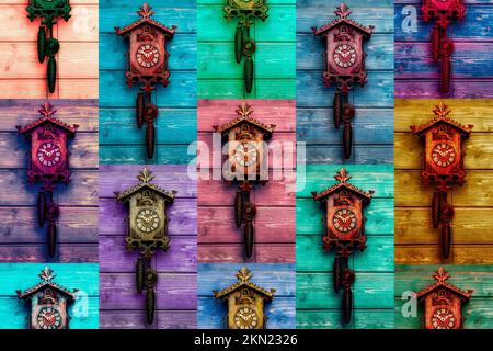 old Black Forest cuckoo clock, photographed in the style of Andy Warhol Stock Photo