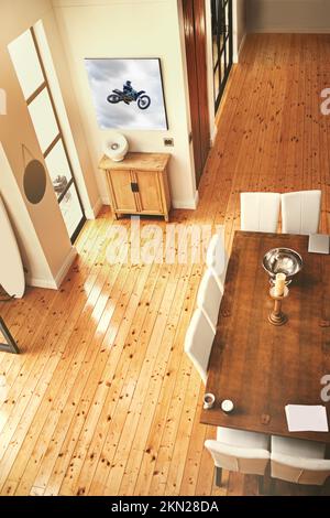 Interior design done simply but stylishly. High angle shot of a stylish dining table. Stock Photo