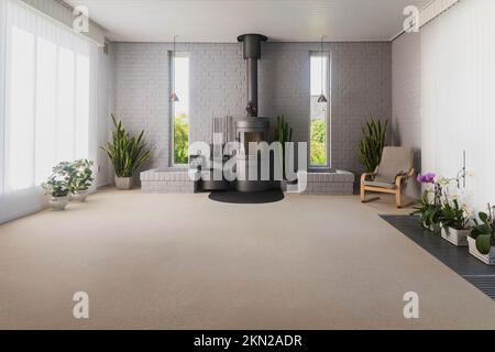 Cozy bright living room with wood stove Stock Photo