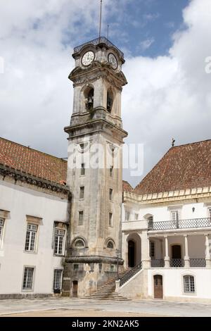 The main old university building and famous Clocktower at the University of Coimbra Portugal. The clock tower was constructed in the 18th century. The Stock Photo