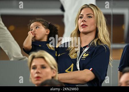 Wife of Raphaël Varane Camille Tytgat and their daughter during France v  Danemark match of the Fifa World Cup Qatar 2022 at Stadium 974 in Doha,  Qatar on November 26, 2022. Photo