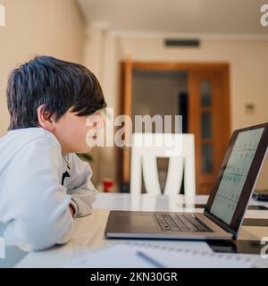 Serious school boy concentrated while studying maths at home. Home school and distance education concept Stock Photo
