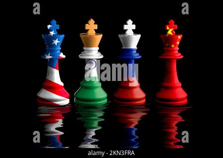india,, us, russia and china flags paint over on chess king. 3D illustration. Stock Photo