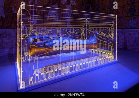LYON, FRANCE, November 25, 2022 : The burial chamber exhibits replicas of the sarcophagus and coffin of Tutankhamun, presented in the exhibition 'Tuta Stock Photo