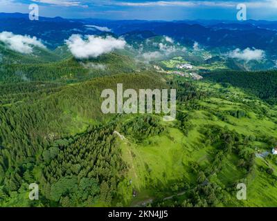 Valley of Balkan mountains is covered with fog, sunny clouds and evergreen spruce forests. Village Pamporovo in intermountain Stock Photo