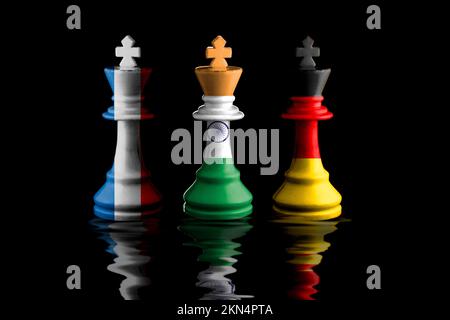 india, germany and france flags paint over on chess king. 3D illustration. Stock Photo