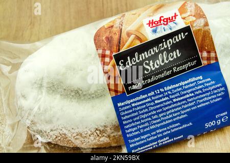 Hamburg, Germany - November 27  2022: Edelmarzipan-Stollen von Hofgut mit Verpackung    - Fine marzipan stollen from Hofgut with packaging Stock Photo