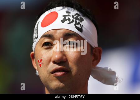 Al Rayyan, Qatar. 27th Nov 2022. 27th November 2022; Ahmed bin Ali Stadium, Al Rayyan, Qatar; FIFA World Cup Football, Japan versus Costa Rica; Japan fan Credit: Action Plus Sports Images/Alamy Live News Stock Photo