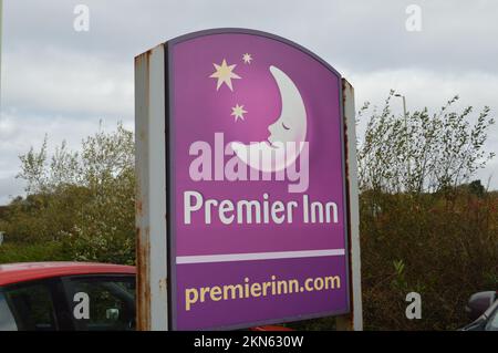 Premier Inn Signage in Bridgend, Wales, United Kingdom. Stock Photo