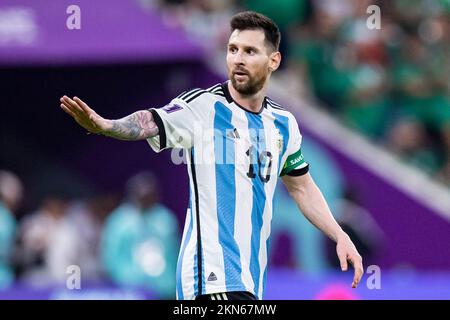 Lusail, Qatar. 26th Nov, 2022. Soccer: World Cup, Argentina - Mexico, preliminary round, Group C, Matchday 2, Lusail Iconic Stadium, Argentina's Lionel Messi gestures. Credit: Tom Weller/dpa/Alamy Live News Stock Photo