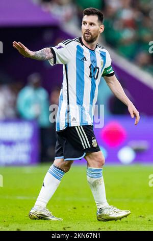 Lusail, Qatar. 26th Nov, 2022. Soccer: World Cup, Argentina - Mexico, preliminary round, Group C, Matchday 2, Lusail Iconic Stadium, Argentina's Lionel Messi gestures. Credit: Tom Weller/dpa/Alamy Live News Stock Photo