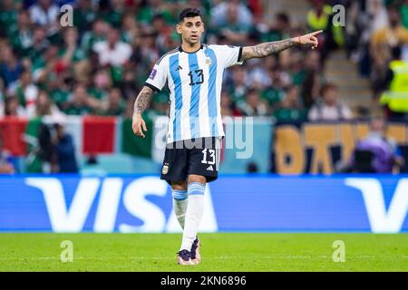 Lusail, Qatar. 26th Nov, 2022. Soccer: World Cup, Argentina - Mexico, preliminary round, Group C, Matchday 2, Lusail Iconic Stadium, Argentina's Cristian Romero gestures. Credit: Tom Weller/dpa/Alamy Live News Stock Photo