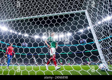 Lusail, Qatar. 26th Nov, 2022. Soccer: World Cup, Argentina - Mexico, Preliminary Round, Group C, Matchday 2, Lusail Iconic Stadium, Mexico's goalkeeper Guillermo Ochoa (l) and Mexico's Hector Moreno react unhappily after scoring the goal to make it 1-0. Credit: Tom Weller/dpa/Alamy Live News Stock Photo