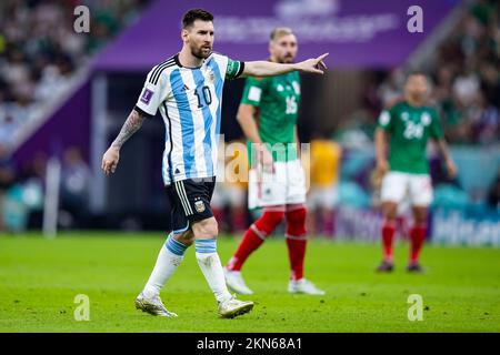 Lusail, Qatar. 26th Nov, 2022. Soccer: World Cup, Argentina - Mexico, preliminary round, Group C, Matchday 2, Lusail Iconic Stadium, Argentina's Lionel Messi gestures. Credit: Tom Weller/dpa/Alamy Live News Stock Photo