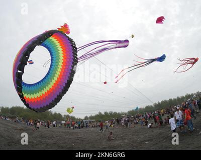 Kites at the Kite Festival on Jatimalang Beach, Purworejo, unique and colorful Stock Photo