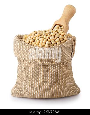 soy beans in bag with wooden scoop isolated on white Stock Photo