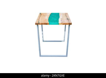 Modern epoxy dining table on white background. Side view. Interior  Stock Photo
