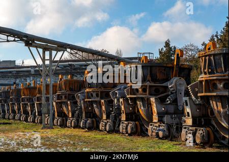 Iron ladle transfer rail car on a steelworks Stock Photo