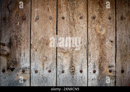 Old aged two-leaf door with metal decorations in natural wood Stock Photo
