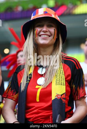 Doha, Qatar. 27th Nov, 2022. Belgium fans before the FIFA World Cup 2022 match at Al Thumama Stadium, Doha. Picture credit should read: David Klein/Sportimage Credit: Sportimage/Alamy Live News Stock Photo
