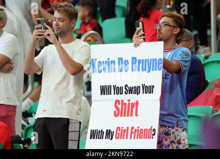Illustration picture shows fans showing a sign that reads 'Kevin De Bruyne will you Swap your Shirt with My Girlfriend' pictured in the stands ahead of a soccer game between Belgium's national team the Red Devils and Morocco, in Group F of the FIFA 2022 World Cup in Al Thumama Stadium, Doha, State of Qatar on Sunday 27 November 2022. BELGA PHOTO VIRGINIE LEFOUR Stock Photo