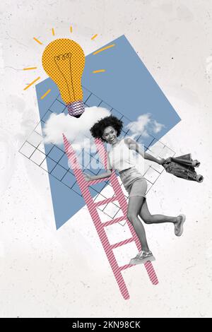 Creative trend collage of millennial lady lifting career ladder want reach electronic light bulb clouds genius business idea solution Stock Photo