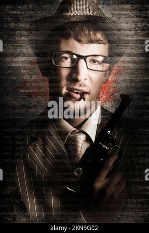In a crime and misconduct concept an former secret agent bites the bullet while exposing past crimes. Coming out of the woodwork Stock Photo