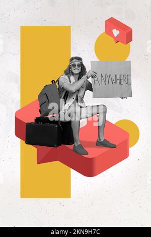 Collage photo of funny hippie guy hold poster help travel trip way anywhere sitting bags isolated on painted background Stock Photo