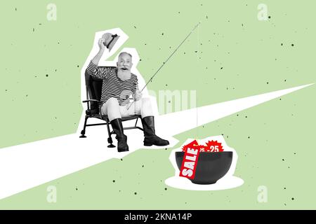 Artwork magazine collage picture of excited funny old guy fishing sales tags isolated drawing background Stock Photo