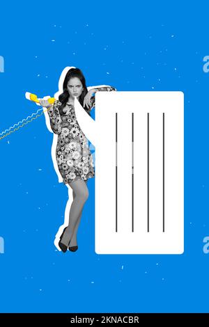 Vertical collage image of unsatisfied black white gamma girl hold cable phone big dialogue bubble isolated on drawing blue background Stock Photo