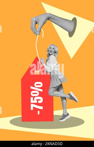 Vertical collage image of black white arm fingers hold sale special offer mini excited girl isolated on creative background Stock Photo