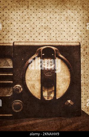 Vintage radio art on a speaker from the days of antique broadcasting technology - 1930. Old radio nostalgia Stock Photo