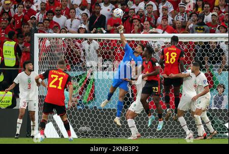 Moroccan goalkeeper Munir Mohamedi, Belgium's Michy Batshuayi and Belgium's Amadou Onana pictured in action during a soccer game between Belgium's national team the Red Devils and Morocco, in Group F of the FIFA 2022 World Cup in Al Thumama Stadium, Doha, State of Qatar on Sunday 27 November 2022. BELGA PHOTO VIRGINIE LEFOUR Stock Photo