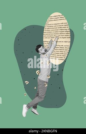 Vertical collage of impressed nervous worried black white effect guy hands hold hang book page falling letters text Stock Photo