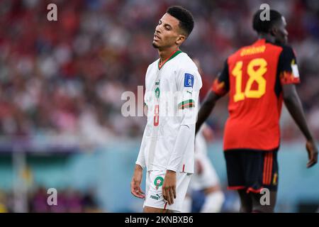 DOHA, QATAR - NOVEMBER 27: Azzedine Ounahi of Morocco looks dejected during the Group F - FIFA World Cup Qatar 2022 match between Belgium and Morocco at the Al Thumama Stadium on November 27, 2022 in Doha, Qatar (Photo by Pablo Morano/BSR Agency) Stock Photo