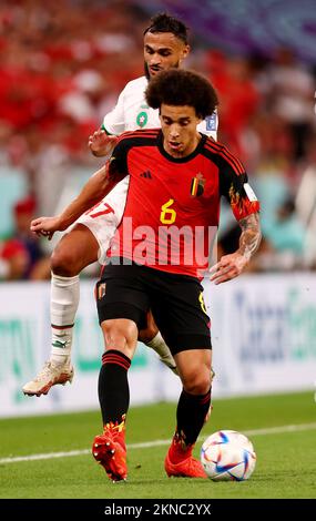 Doha, Qatar. 27th Nov, 2022. Axel Witsel of Belgium tackled by Sofiane Boufal of Morocco during the FIFA World Cup 2022 match at Al Thumama Stadium, Doha. Picture credit should read: David Klein/Sportimage Credit: Sportimage/Alamy Live News Stock Photo