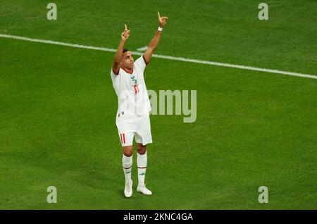 Morocco's Abdelhamid Sabiri celebrates scoring the opening goal during the FIFA World Cup Group F match at the Al Thumama Stadium, Doha, Qatar. Picture date: Sunday November 27, 2022. Stock Photo