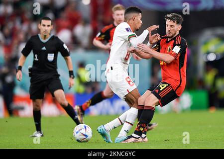DOHA, QATAR - NOVEMBER 27: Azzedine Ounahi of Morocco battles for the ball with Dries Mertens of Belgium during the Group F - FIFA World Cup Qatar 2022 match between Belgium and Morocco at the Al Thumama Stadium on November 27, 2022 in Doha, Qatar (Photo by Pablo Morano/BSR Agency) Stock Photo