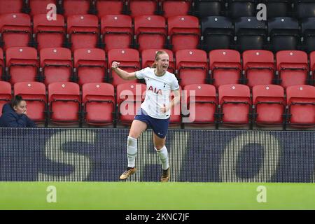 Brisbane Road, London, UK. 27th Nov, 2022. Womens Continental League Cup, Tottenham Hotspur versus Coventry United; Kerys Harrop of Tottenham Hotspur celebrates her goal in the 24th minute for 3-0. Credit: Action Plus Sports/Alamy Live News Stock Photo