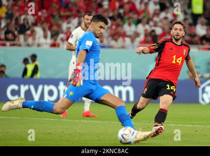 Moroccan goalkeeper Munir Mohamedi and Belgium's Dries Mertens pictured in action during a soccer game between Belgium's national team the Red Devils and Morocco, in Group F of the FIFA 2022 World Cup in Al Thumama Stadium, Doha, State of Qatar on Sunday 27 November 2022. BELGA PHOTO VIRGINIE LEFOUR Stock Photo