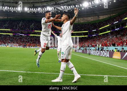 Moroccan Abdelhamid Sabiri celebrates after scoring during a soccer game between Belgium's national team the Red Devils and Morocco, in Group F of the FIFA 2022 World Cup in Al Thumama Stadium, Doha, State of Qatar on Sunday 27 November 2022. BELGA PHOTO BRUNO FAHY Stock Photo