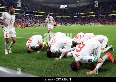 Moroccan Abdelhamid Sabiri celebrates after scoring during a soccer game between Belgium's national team the Red Devils and Morocco, in Group F of the FIFA 2022 World Cup in Al Thumama Stadium, Doha, State of Qatar on Sunday 27 November 2022. BELGA PHOTO BRUNO FAHY Stock Photo