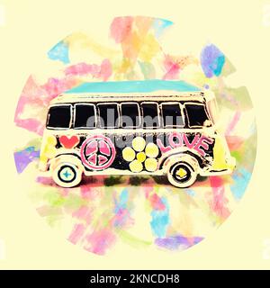 Retro hippie VW Kombie Van with words of love and a sign of peace on hand painted colourful background Stock Photo