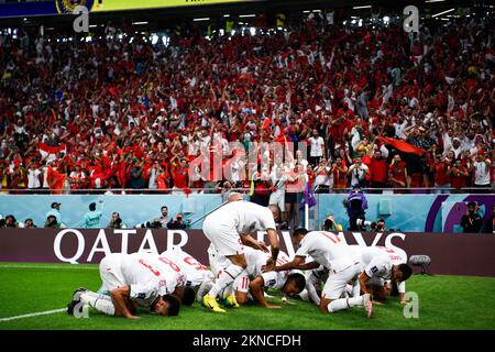 DOHA, QATAR - NOVEMBER 27: Abdelhamid Sabiri of Morocco celebrates with teammates after scoring their team's first goal during the Group F - FIFA World Cup Qatar 2022 match between Belgium and Morocco at the Al Thumama Stadium on November 27, 2022 in Doha, Qatar (Photo by Pablo Morano/BSR Agency) Stock Photo
