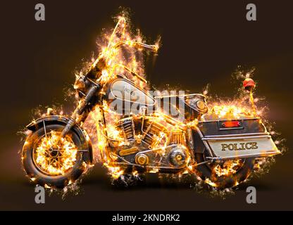 Creative fine art in a explosive police chase pursuit with burning motorbike of fire and Heat.  Hot Cop Stock Photo